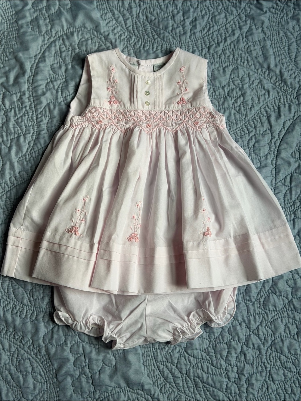 Baby Girl Pink Smocked Embroidered Dress with Bloomers